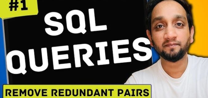 Man framför en bärbar dator med texten "SQL Queries" och "Remove Redundant Pairs".